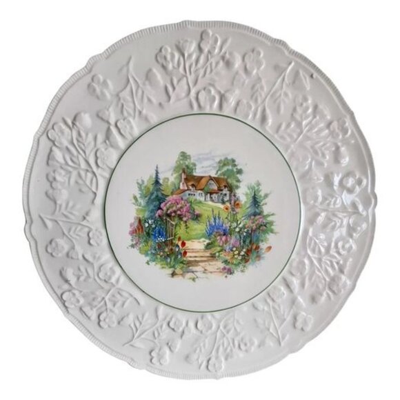 Embossed Cake Plate with Cottage Scene - Made in Czechoslovakia - Picture 1 of 5
